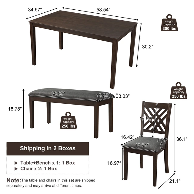 Alt view image 3 of 7 - Dining Table Set, Kitchen Table Set with Cross Back Dining Chairs and Upholstered Bench Space Saving Design Rubberwood