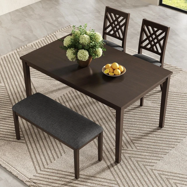 Main image of Dining Table Set, Kitchen Table Set with Cross Back Dining Chairs and Upholstered Bench Space Saving Design Rubberwood