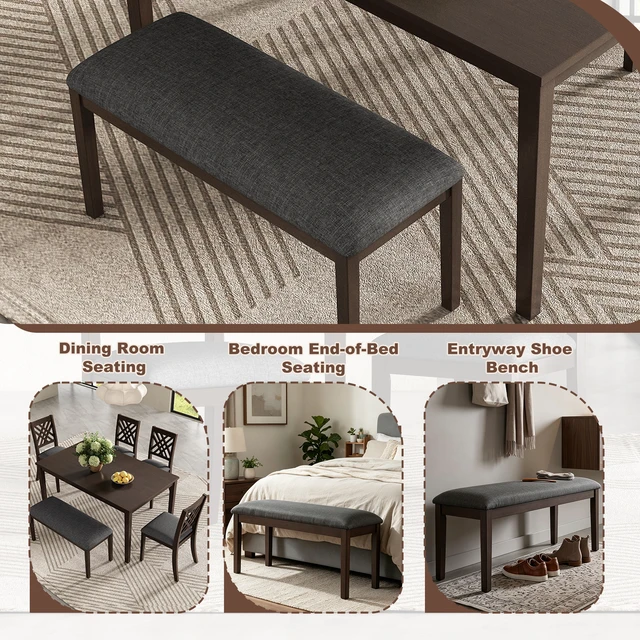 Alt view image 6 of 7 - Dining Table Set, Kitchen Table Set with Cross Back Dining Chairs and Upholstered Bench Space Saving Design Rubberwood