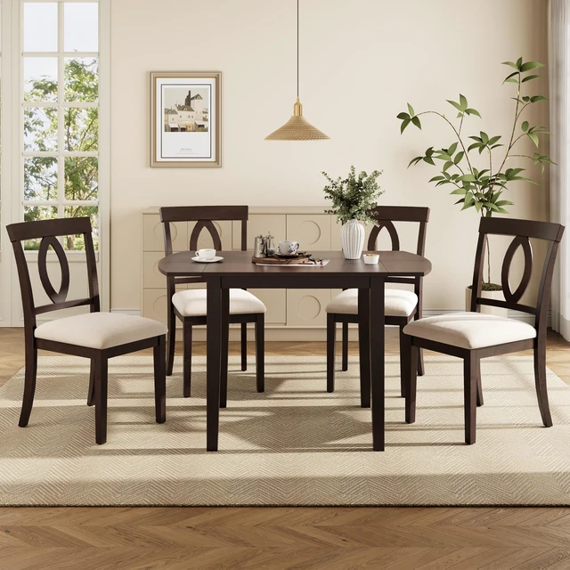 Alt view image 2 of 7 - 5 Piece Drop Leaf Dining Table Set, Folding Extendable Table Upholstered Chairs Small Space Dining Set for 4 People