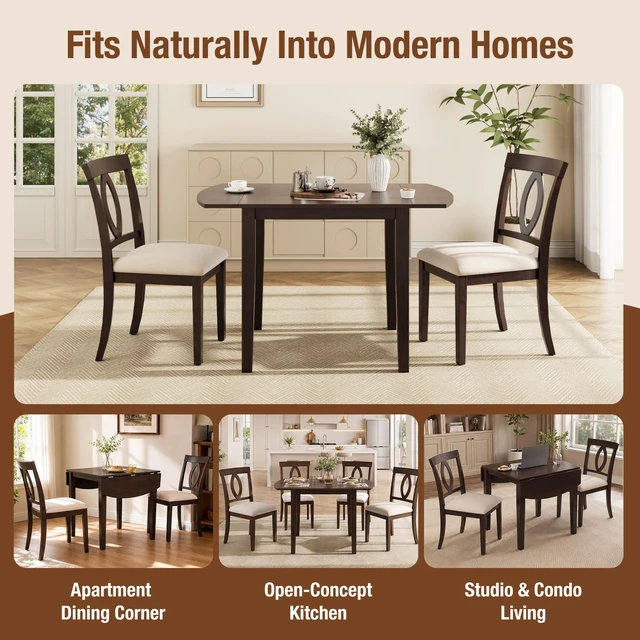 Alt view image 7 of 7 - 5 Piece Drop Leaf Dining Table Set, Folding Extendable Table Upholstered Chairs Small Space Dining Set for 4 People