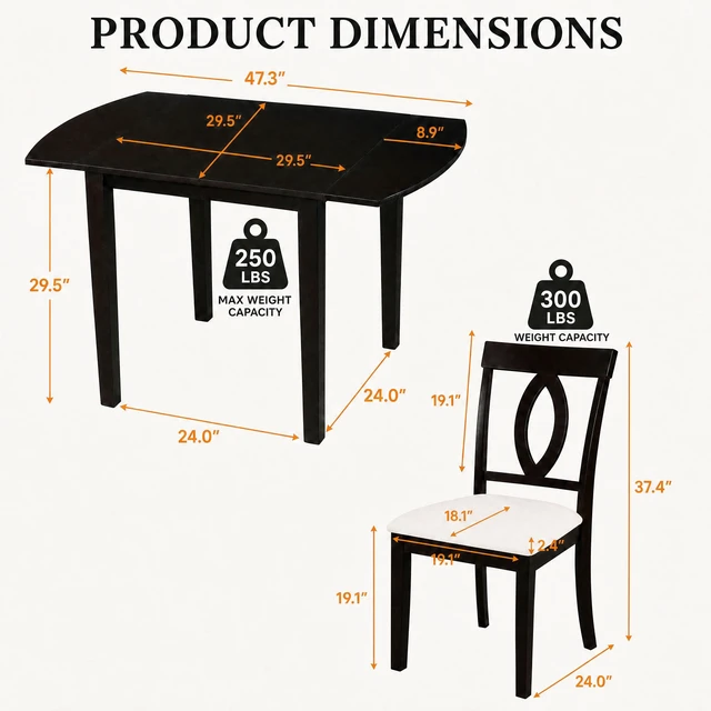 Alt view image 4 of 7 - 3 Piece Drop Leaf Dining Table Set, Folding Extendable Table Upholstered Chairs Small Space Dining Set for 2 People