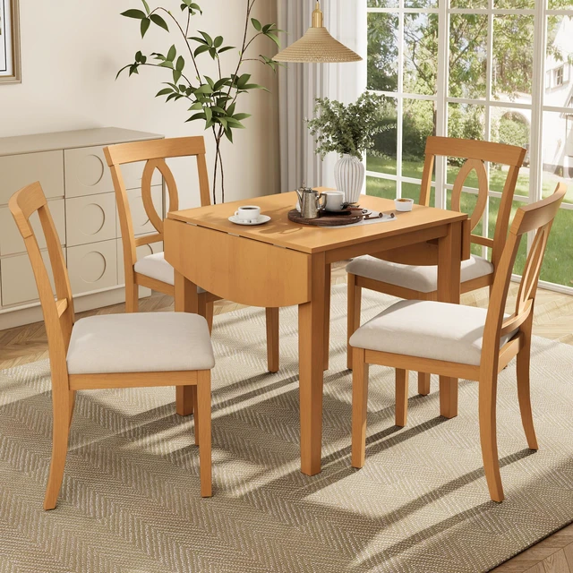 Main image of 5 Piece Drop Leaf Dining Table Set, Folding Extendable Table Upholstered Chairs Small Space Dining Set for 4 People