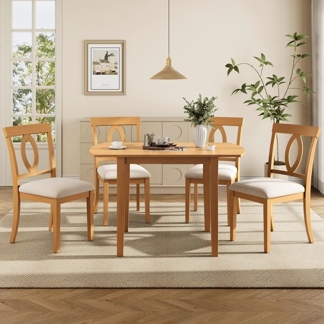 Alt view image 2 of 7 - 5 Piece Drop Leaf Dining Table Set, Folding Extendable Table Upholstered Chairs Small Space Dining Set for 4 People