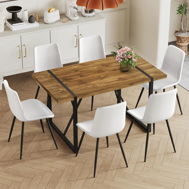 Main image of Table and Chair Set, Textured Top in Color Black Metal Legs Dining Chair with Faux Leather Backrest Cushion with Black