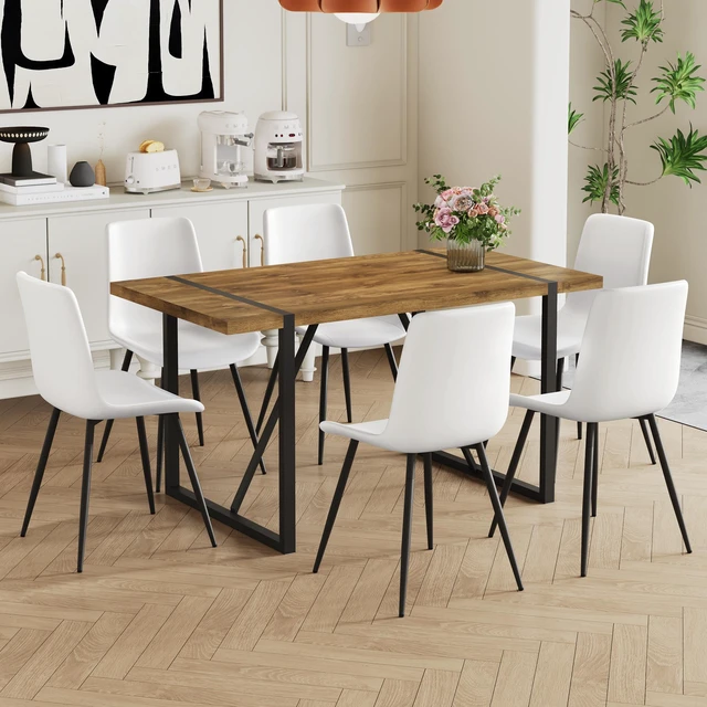 Alt view image 3 of 7 - Table and Chair Set, Textured Top in Color Black Metal Legs Dining Chair with Faux Leather Backrest Cushion with Black