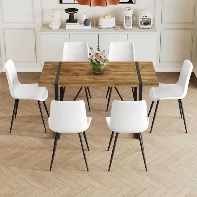 Alt view image 2 of 7 - Table and Chair Set, Textured Top in Color Black Metal Legs Dining Chair with Faux Leather Backrest Cushion with Black