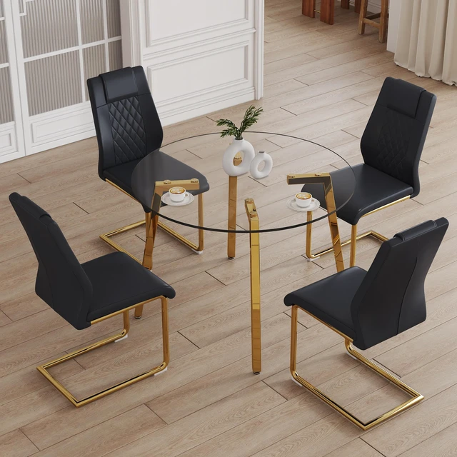 Main image of Table and Chair Set Round Tempered Glass Table with Metal Legs Paried with Chairs with Leather High Back Upholstered