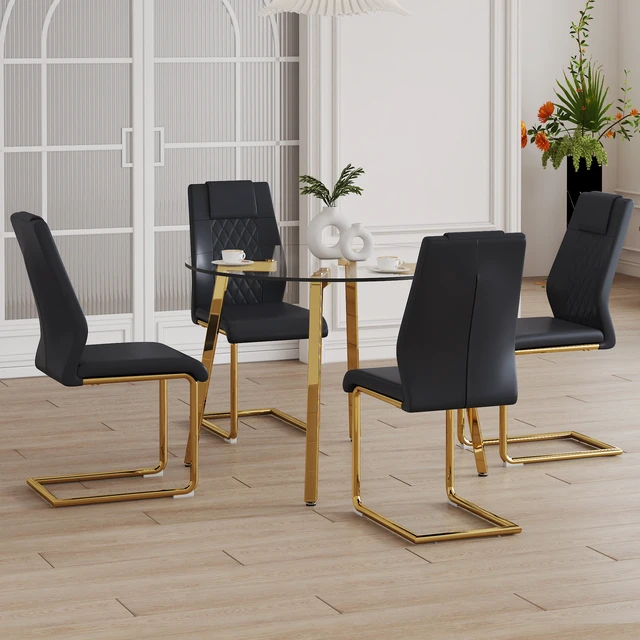Alt view image 3 of 7 - Table and Chair Set Round Tempered Glass Table with Metal Legs Paried with Chairs with Leather High Back Upholstered