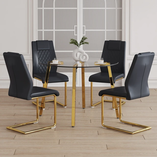 Alt view image 2 of 7 - Table and Chair Set Round Tempered Glass Table with Metal Legs Paried with Chairs with Leather High Back Upholstered