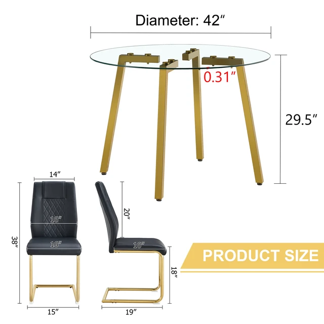 Alt view image 4 of 7 - Table and Chair Set Round Tempered Glass Table with Metal Legs Paried with Chairs with Leather High Back Upholstered