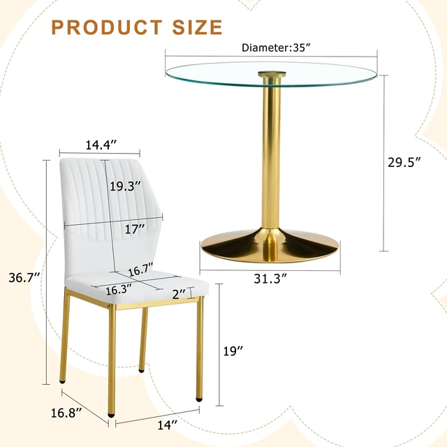 Alt view image 4 of 7 - Table and Chair Set 35 Inch Tempered Glass Round Dining Table Gold Metal Bracket and Base Paired with Material High