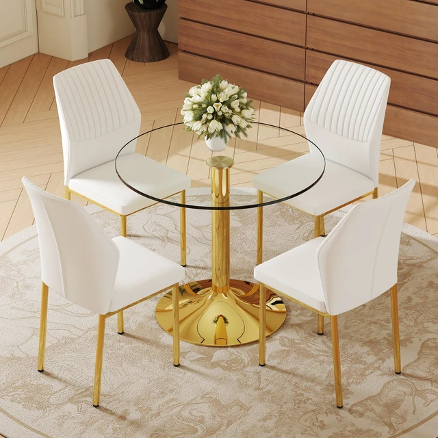 Main image of Table and Chair Set 35 Inch Tempered Glass Round Dining Table Gold Metal Bracket and Base Paired with Material High