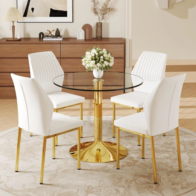 Alt view image 2 of 7 - Table and Chair Set 35 Inch Tempered Glass Round Dining Table Gold Metal Bracket and Base Paired with Material High