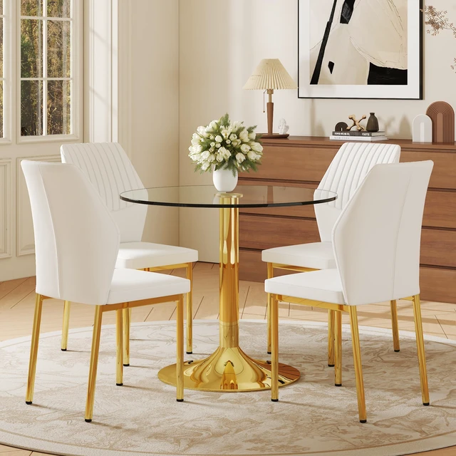 Alt view image 3 of 7 - Table and Chair Set 35 Inch Tempered Glass Round Dining Table Gold Metal Bracket and Base Paired with Material High