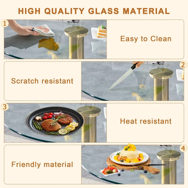 Alt view image 7 of 7 - Table and Chair Set 35 Inch Tempered Glass Round Dining Table Gold Metal Bracket and Base Paired with Material High