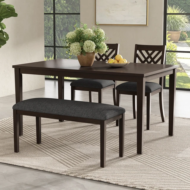 Alt view image 2 of 7 - Dining Table Set, Kitchen Table Set with Cross Back Dining Chairs and Upholstered Bench Space Saving Design Rubberwood
