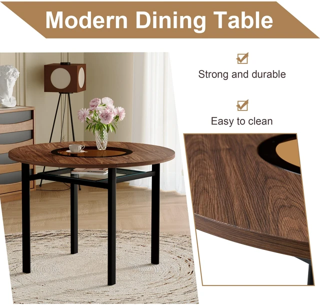Alt view image 6 of 7 - Table and Chair Set 42 Inch Wood Grain Round Dining Table Set Paired with Ergonomic Dining Chair, Curved Backrest