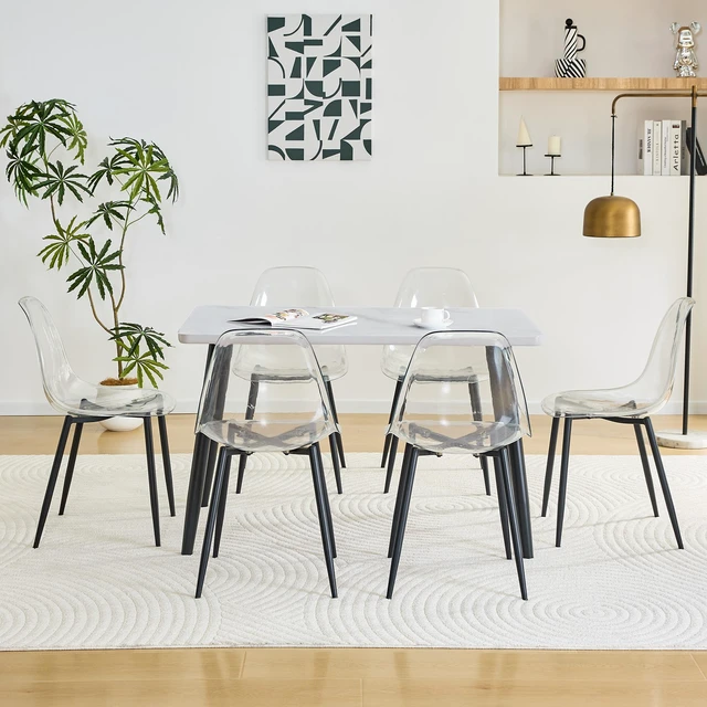 Alt view image 3 of 7 - Table and Chair Set Rectangular Dining Table Tempered Glass Countertop Lower MDF Board Paired with Plastic Chairs