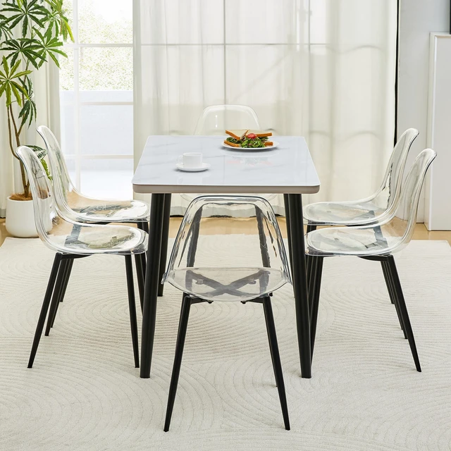 Alt view image 4 of 7 - Table and Chair Set Rectangular Dining Table Tempered Glass Countertop Lower MDF Board Paired with Plastic Chairs
