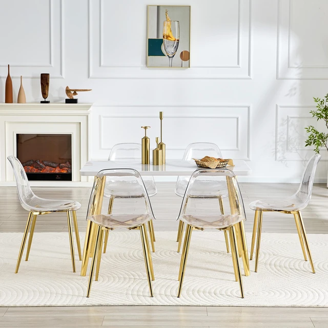 Alt view image 2 of 7 - Table and Chair Set Imitation Texture Glass Countertop Lower MDF Board, Gold Metal Tapered Legs Paired with Plastic