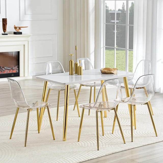 Alt view image 3 of 7 - Table and Chair Set Imitation Texture Glass Countertop Lower MDF Board, Gold Metal Tapered Legs Paired with Plastic