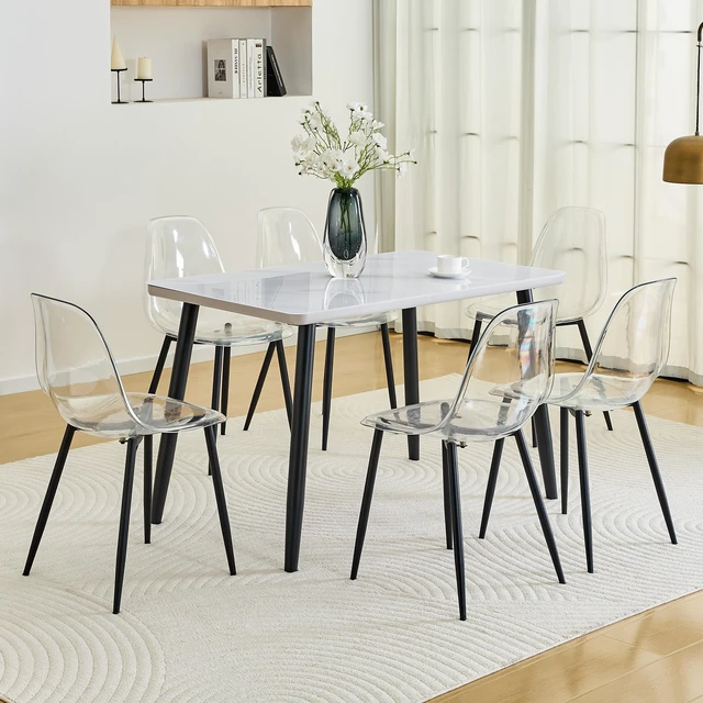 Alt view image 2 of 7 - Table and Chair Set Rectangular Dining Table Tempered Glass Countertop Lower MDF Board Paired with Plastic Chairs