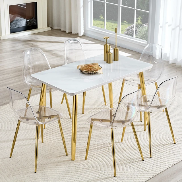 Main image of Table and Chair Set Imitation Texture Glass Countertop Lower MDF Board, Gold Metal Tapered Legs Paired with Plastic
