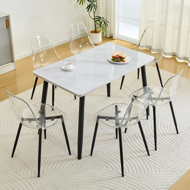 Main image of Table and Chair Set Rectangular Dining Table Tempered Glass Countertop Lower MDF Board Paired with Plastic Chairs