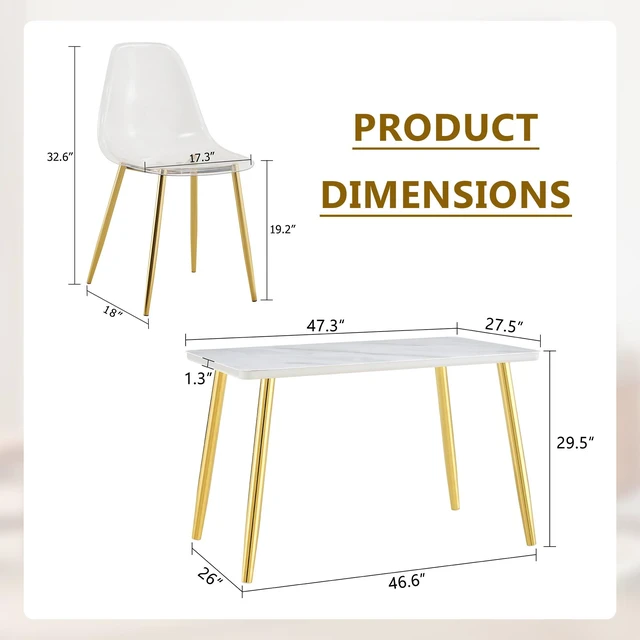 Alt view image 4 of 7 - Table and Chair Set Imitation Texture Glass Countertop Lower MDF Board, Gold Metal Tapered Legs Paired with Plastic
