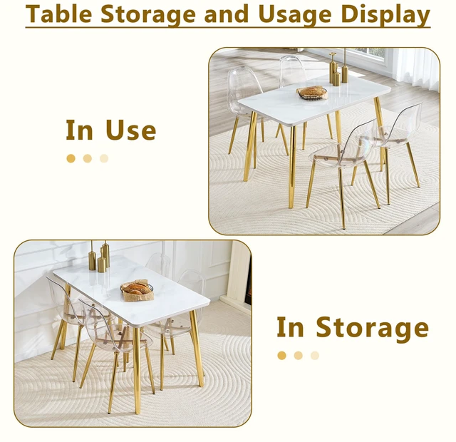 Alt view image 5 of 7 - Table and Chair Set Imitation Texture Glass Countertop Lower MDF Board, Gold Metal Tapered Legs Paired with Plastic