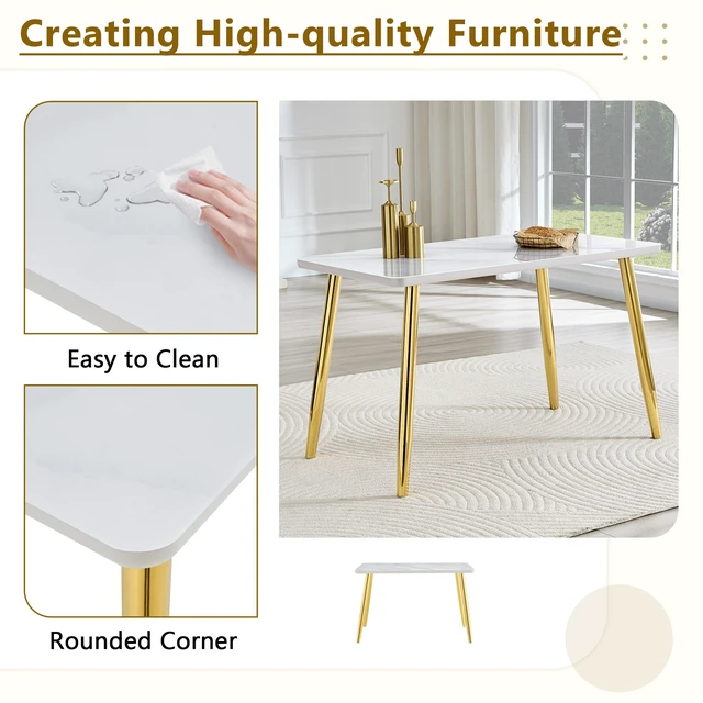 Alt view image 7 of 7 - Table and Chair Set Imitation Texture Glass Countertop Lower MDF Board, Gold Metal Tapered Legs Paired with Plastic