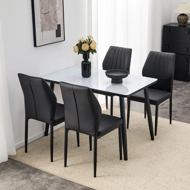 Main image of Table and Chair Set Dining Table Imitation Texture Glass Top Lower MDF Board, Black Metal Legs Paired with Dining