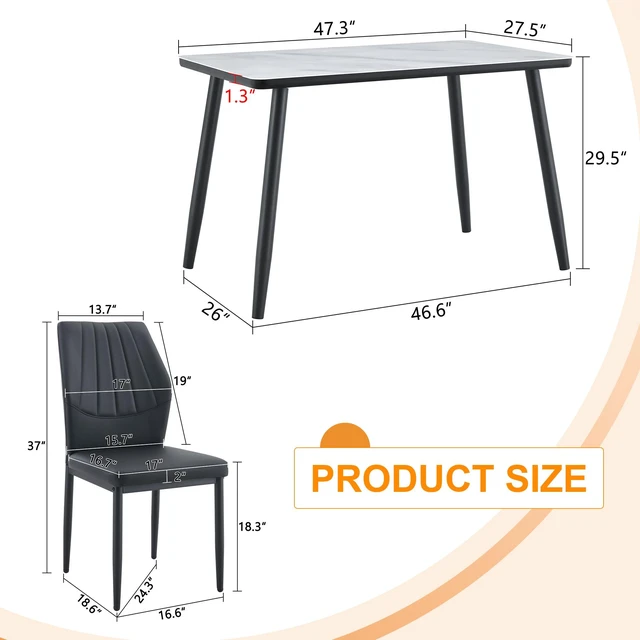 Alt view image 4 of 7 - Table and Chair Set Dining Table Imitation Texture Glass Top Lower MDF Board, Black Metal Legs Paired with Dining