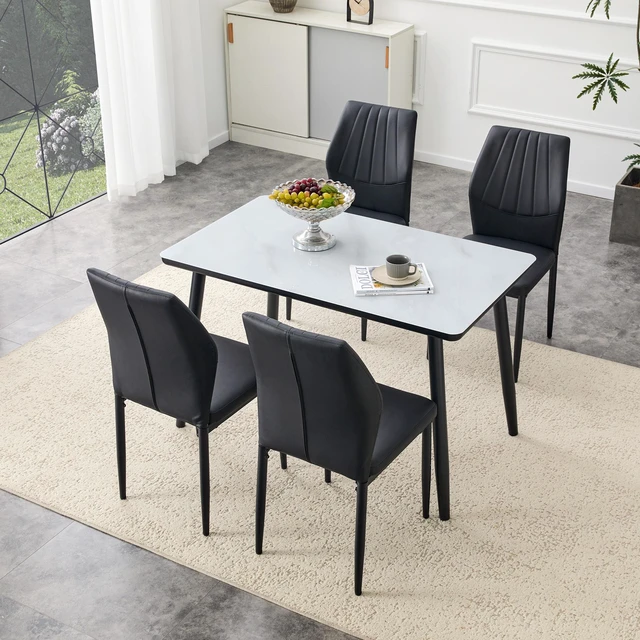 Alt view image 3 of 7 - Table and Chair Set Dining Table Imitation Texture Glass Top Lower MDF Board, Black Metal Legs Paired with Dining
