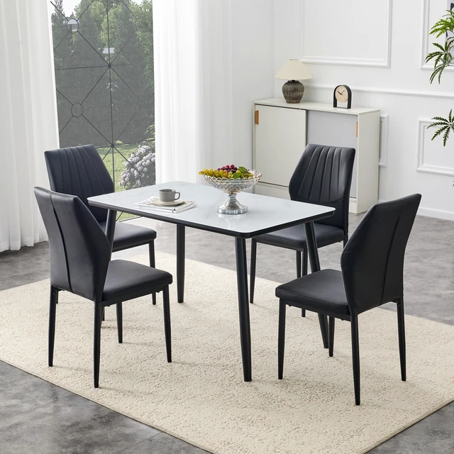 Alt view image 2 of 7 - Table and Chair Set Dining Table Imitation Texture Glass Top Lower MDF Board, Black Metal Legs Paired with Dining