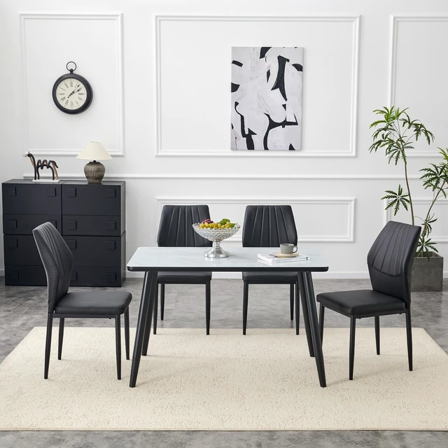 Alt view image 5 of 7 - Table and Chair Set Dining Table Imitation Texture Glass Top Lower MDF Board, Black Metal Legs Paired with Dining