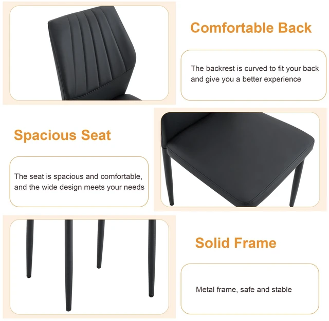 Alt view image 6 of 7 - Table and Chair Set Dining Table Imitation Texture Glass Top Lower MDF Board, Black Metal Legs Paired with Dining