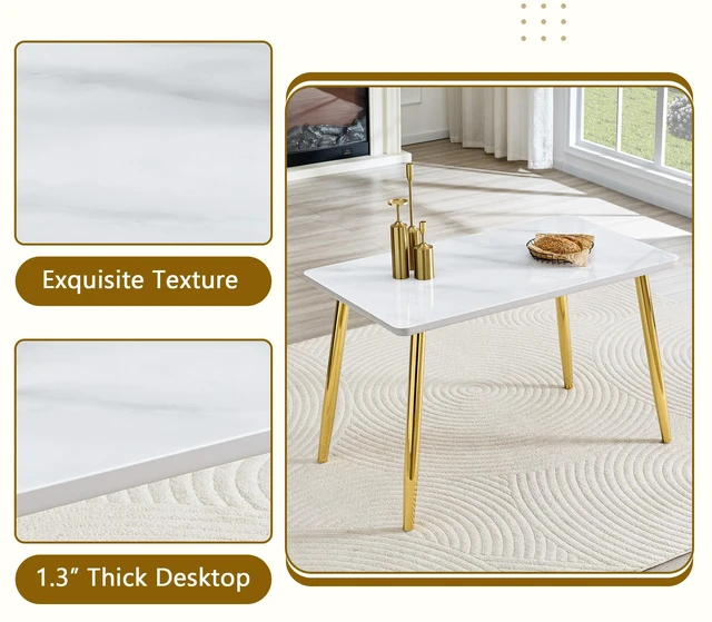 Alt view image 6 of 7 - Table and Chair Set Imitation Texture Glass Countertop Lower MDF Board, Gold Metal Tapered Legs Paired with Plastic