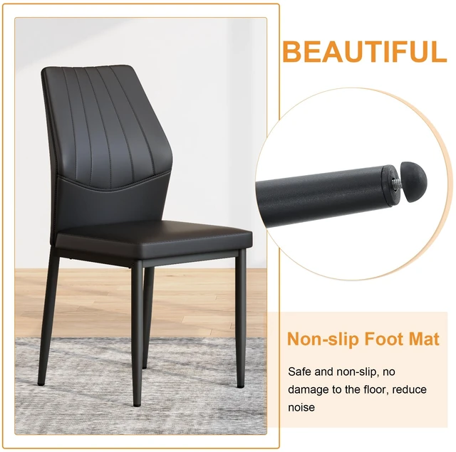Alt view image 7 of 7 - Table and Chair Set Dining Table Imitation Texture Glass Top Lower MDF Board, Black Metal Legs Paired with Dining