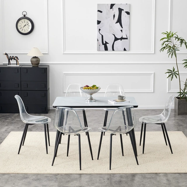 Alt view image 2 of 7 - Table and Chair Set Imitation Texture Glass Top Lower MDF Board, Black Metal Legs Paired with Plastic Chairs with Black