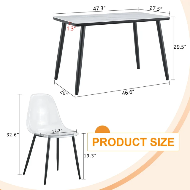 Alt view image 4 of 7 - Table and Chair Set Imitation Texture Glass Top Lower MDF Board, Black Metal Legs Paired with Plastic Chairs with Black