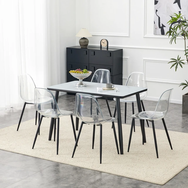 Alt view image 3 of 7 - Table and Chair Set Imitation Texture Glass Top Lower MDF Board, Black Metal Legs Paired with Plastic Chairs with Black