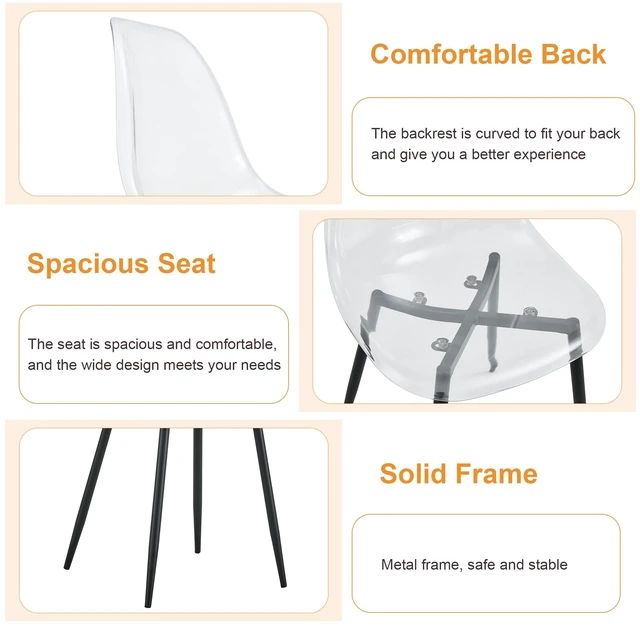 Alt view image 5 of 7 - Table and Chair Set Imitation Texture Glass Top Lower MDF Board, Black Metal Legs Paired with Plastic Chairs with Black