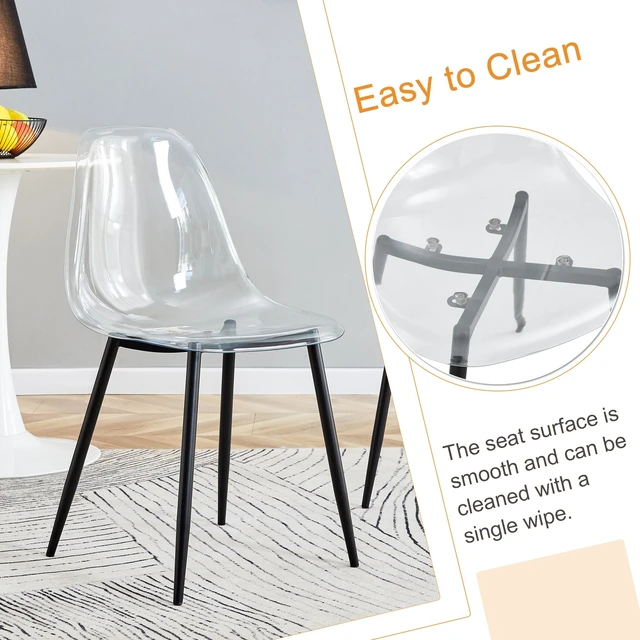 Alt view image 7 of 7 - Table and Chair Set Imitation Texture Glass Top Lower MDF Board, Black Metal Legs Paired with Plastic Chairs with Black