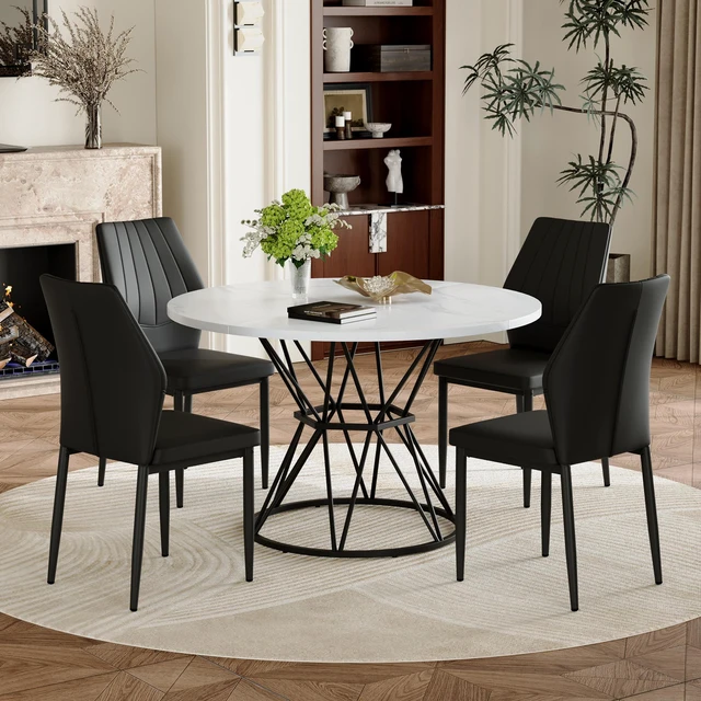 Main image of Table and Chair Set MDF Table with Diameter 47.3 Inches, Hourglass Shaped Metal Brackets Paired with Dining Chairs 37