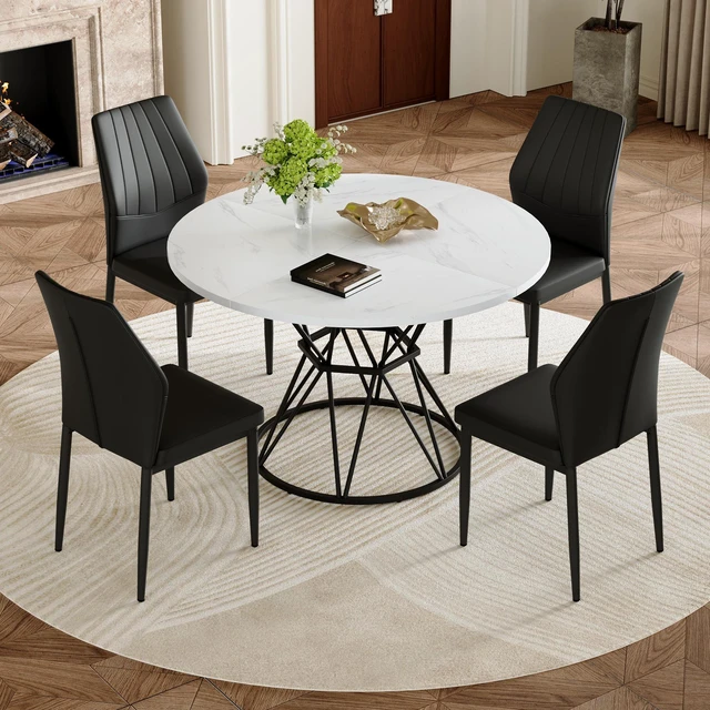 Alt view image 2 of 7 - Table and Chair Set MDF Table with Diameter 47.3 Inches, Hourglass Shaped Metal Brackets Paired with Dining Chairs 37