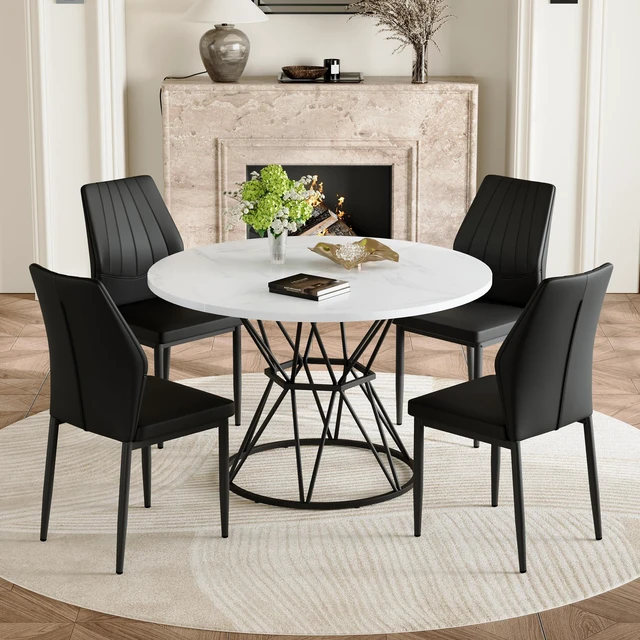Alt view image 3 of 7 - Table and Chair Set MDF Table with Diameter 47.3 Inches, Hourglass Shaped Metal Brackets Paired with Dining Chairs 37