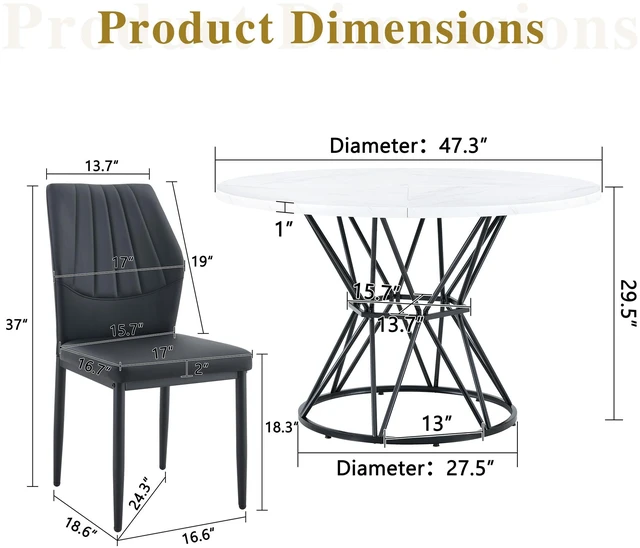 Alt view image 4 of 7 - Table and Chair Set MDF Table with Diameter 47.3 Inches, Hourglass Shaped Metal Brackets Paired with Dining Chairs 37