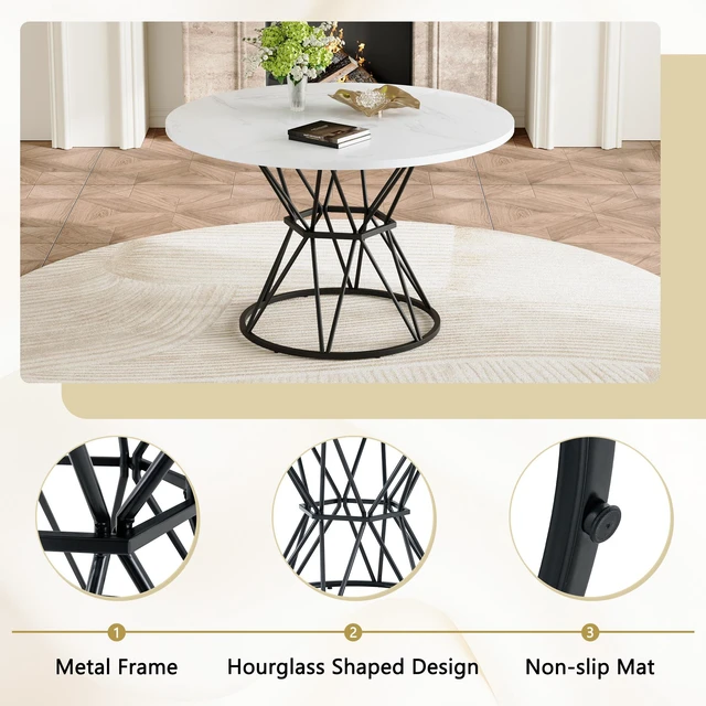 Alt view image 7 of 7 - Table and Chair Set MDF Table with Diameter 47.3 Inches, Hourglass Shaped Metal Brackets Paired with Dining Chairs 37